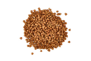 Raw buckwheat heap, isolated on white background.