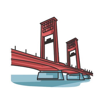 Ampera Bridge Indonesian Landmark Illustration