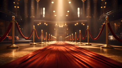 Red carpet and red carpet in the street at night with lights.