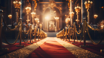 Red carpet and red carpet in the street at night with lights.