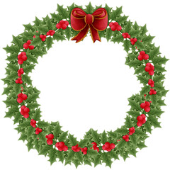 christmas wreath with holly branch with red berries and green leaves isolated on transparent background 