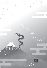 富士山と昇り龍のモノクロ年賀状テンプレート（文字なし）