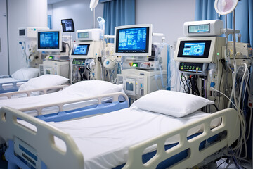 A room filled with advanced medical machines, each emitting rhythmic beeps that track the lifeline of patients in critical conditions