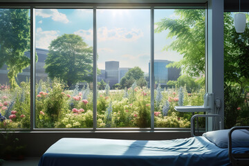 From a patient's perspective, a soothing garden scene unfolds beyond a hospital room's window, offering solace and a touch of nature's healing