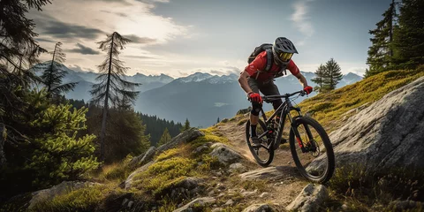 Zelfklevend Fotobehang Mountain biker cyclist riding a bicycle downhill on a mountain bike trail. Outdoor recreational lifestyle adventure sport activity in nature © JoelMasson