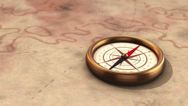 Vintage style compass needle spinning on old map