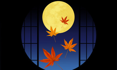 満月と紅葉の和風背景素材