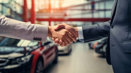a close-up handshake between a man and a woman, in the background a electric car dealership - Generative AI