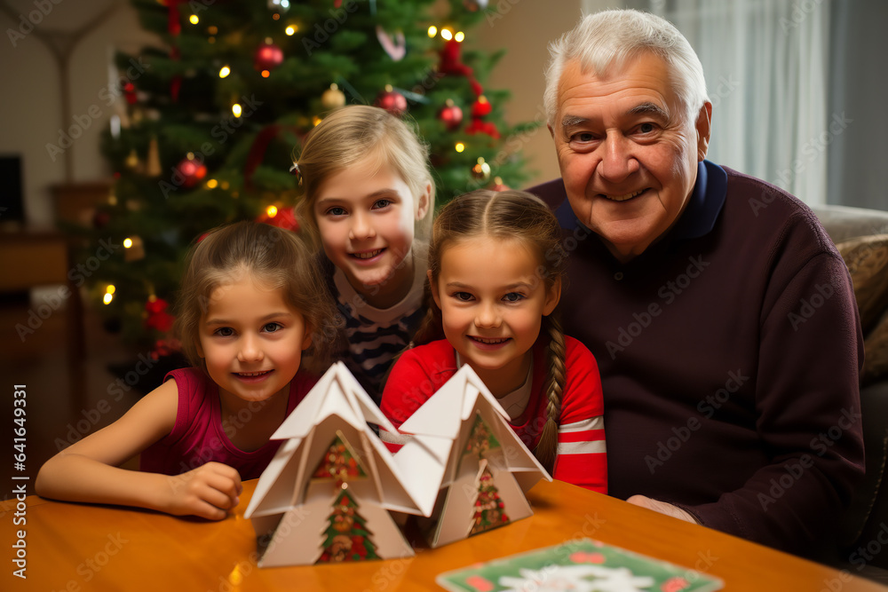 Poster Joyful grandparents receive colorful handmade Christmas cards, reflecting the love and effort of their proud, beaming grandchildren