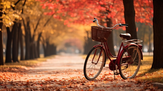 beautiful Fall landscape with Bicycle at park. - Generative AI
