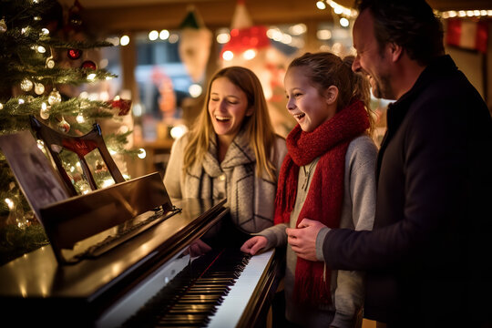 Voices blend harmoniously as family members gather around a piano, pouring their hearts into singing beloved carols on Christmas Eve