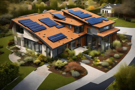 Picture a contemporary suburban dwelling with sustainable design elements, such as solar panels and green roofing