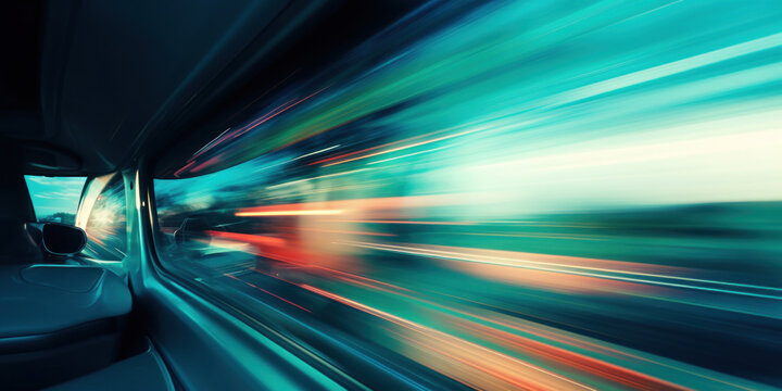 Сlose-up photograph looking out of the front window of the car onto the road ahead, showing acceleration and speed. Stylized with blur and action. Blue, green colors.