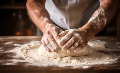Bakery flour rolling hands prepare dough for bread food meal restaurant.
