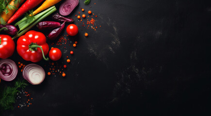 Fresh vegetables on black background. Variety of raw vegetables. Colorful various herbs and spices for cooking on dark background, copy space, banner.