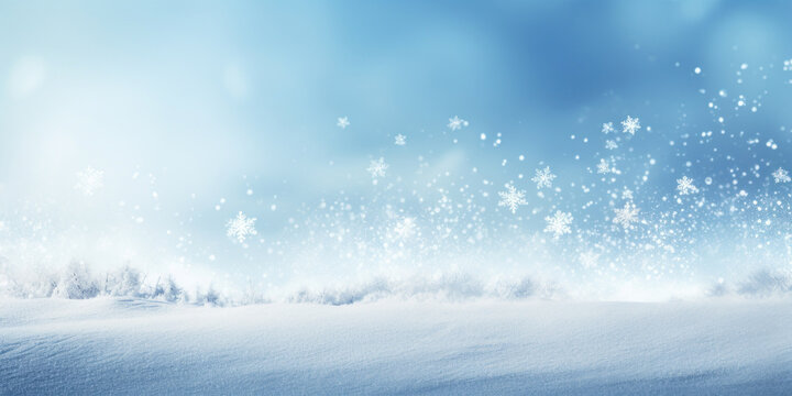 Winter snow background with snowdrifts, with beautiful light and snow flakes on the blue sky, beautiful bokeh circles, banner format, copy spaceю