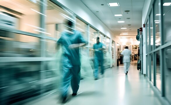 Hospital Emergency Team Rush Patient On Gurney To The Operating Theater. Corridor In Medical Clinic.