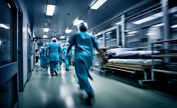 Hospital Emergency Team Rush Patient On Gurney To The Operating Theater. Corridor In Medical Clinic.