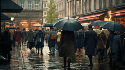 people with umbrellas on a rainy day in the middle of the day - Generative AI