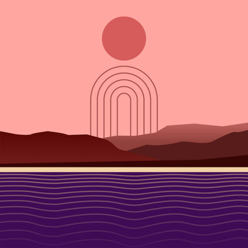 Sunset over hills and lake. Retro abstract Bauhaus wall art. Minimal mid century decoration. 60s, 70s abstract geometric stripes. Purple sun and wavy ocean. Mountains and beach. Vector illustration.  