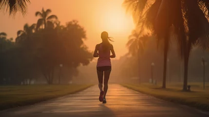 Fotobehang Young woman doing exercise walking and run on country road in the morning with sunrise background - Generative AI © seogi