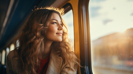 Woman on a train looking through the window, travel concept - Generative AI