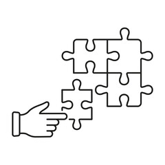Connect Parts of Puzzle Outline Sign. Human Hand and Jigsaw Linear Pictogram. Team Game, Puzzle Strategy Solution Line Icon. Brainstorming Concept. Editable Stroke. Isolated Vector Illustration