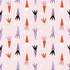 Vector seamless pattern with flat colorful carots on pastel background. Modern design for fabric and paper, surface textures.