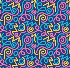 Seamless abstract pattern with colorful doodle elements. Vector geometric background