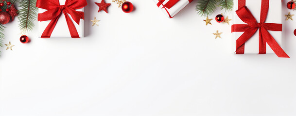 christmas card with gifts tied with red ribbon christmas balls on white background with copy space, legal AI