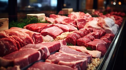 Fresh meat in a meat section at a restaurant, Generative AI