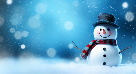 Snowman in snowy winter christmas holiday banner with copyspace. Generative ai