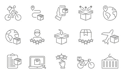 Online Store Line Icon Set. Delivery Service and E-commerce Linear Pictogram. Global Purchase, Order Shipping Outline Symbol. Parcel Box, Container Sign. Editable Stroke. Isolated Vector Illustration