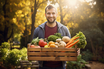 man holding a crate with fresh vegetables in a garden, Generative AI