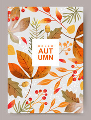 Autumn trendy background with beautiful watercolor leaves. Abstract vector illustration for poster, invitation, card, flyer, cover, banner, placard, brochure, social media, sale, advertising