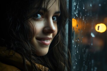 Happy young woman looking through a window a rainy day, raindrops on glass. Close-up portrait of smiling beautiful girl.