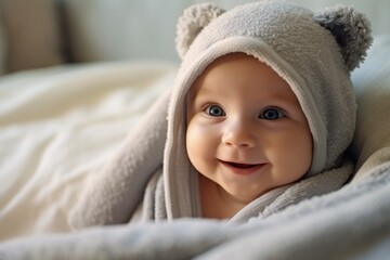 Portrait of adorable smiling baby in hooded towel on bed after having bathtime
