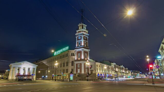 City Duma Tower Night View: Hyperlapse Timelapse on Nevsky Avenue, St. Petersburg, Russia. Historical Fire Tower, Part of Longest Optical Telegraph Line