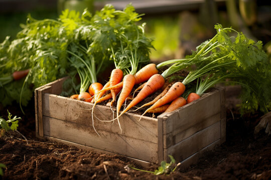 fresh carrot in wooden crate in evening garden, Generative AI