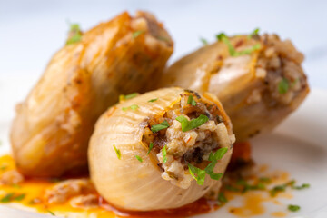 Stuffed Onion Dish. Stuffed onions from traditional Turkish dishes (Turkish name; Sogan dolmasi)