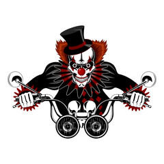 Vector image of an evil clown driving a motorcycle.