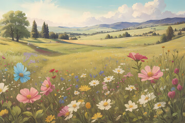 Beautiful meadow painting of a wildflower meadow in springtime, vintage wall art. Image created using artificial intelligence.