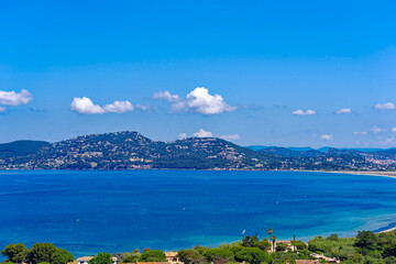 Aerial view from Giens peninsula on a sunny spring day with Mediterranean Sea and mountain panorama in the background. Photo taken June 8th, 2023, Giens, Hyères, France.