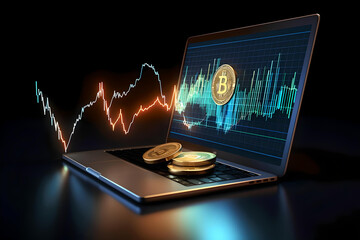 A laptop showing a graph on the screen of the bitcoin trend. Bitcoin icon.