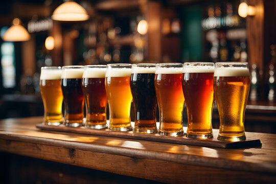 Glasses with craft beer on wooden bar. Tap beer in pint glasses arranged in a row. Closeup of five glasses of different types of draught beer in a pub. Image created using artificial intelligence.