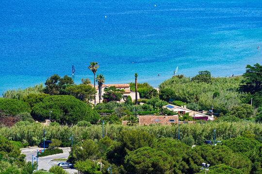 Beautiful view form viewpoint at Giens Peninsula with manison and Mediterranean Sea in the background on a sunny late spring day. Photo taken June 8th, 2023, Giens, Hy&egrave;res, France.