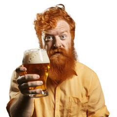  Red haired man holding a glass of beer. Isolated on transparent background.