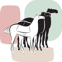 Three racehorses on three colorful spots backdrop