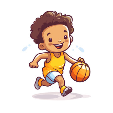 Cute african american boy playing basketball cartoon vector Illustration