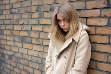 Sadness European Girl In A Beige Coat On Brick Wall Background. Сoncept Sadness, European Girls, Beige Coats, Brick Wall Backgrounds